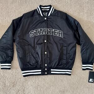 Starter Varsity Jacket Bomber Snap Front Satin Logo Retro Medium Black NEW
